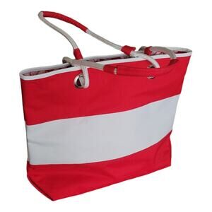 LANCOME Color Block Beach Bucket  Bag‎ Tote Red White Stripe Canvas Rope Straps